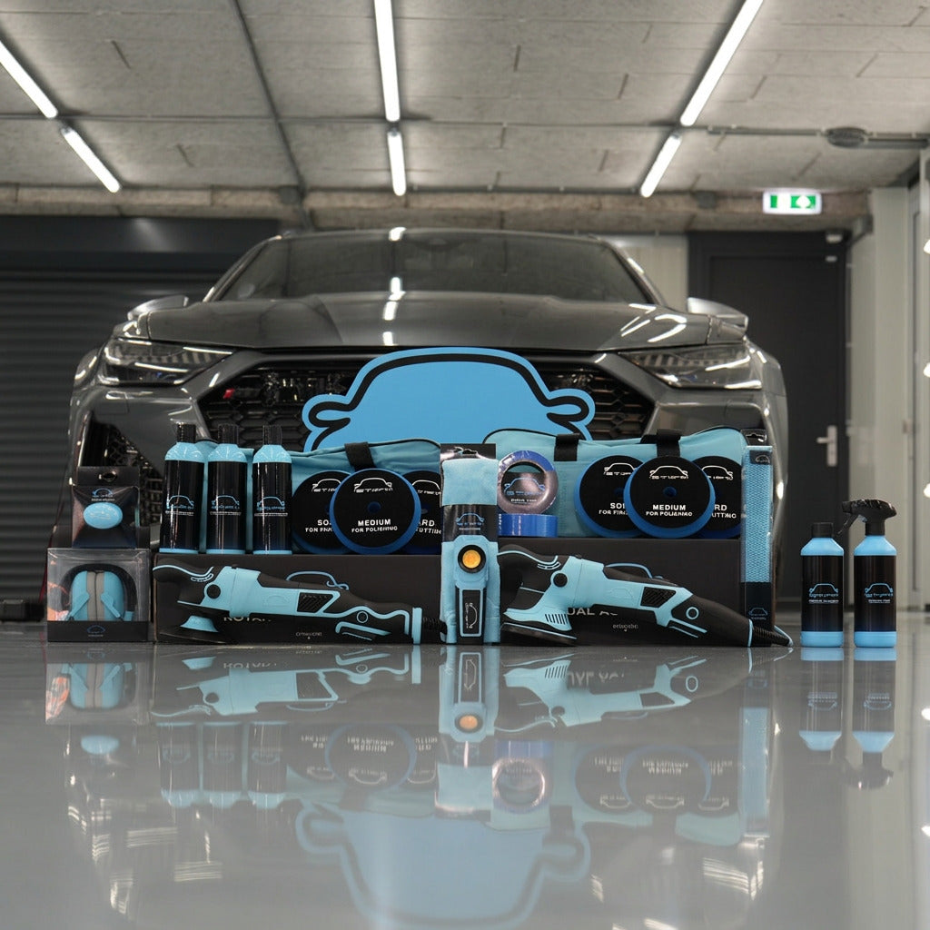 Stipt Masterset: Dual Action Polisher Pro, Rotary Polisher Pro, dubbele pads, pasta’s, Inspection Light en lakbescherming voor een auto